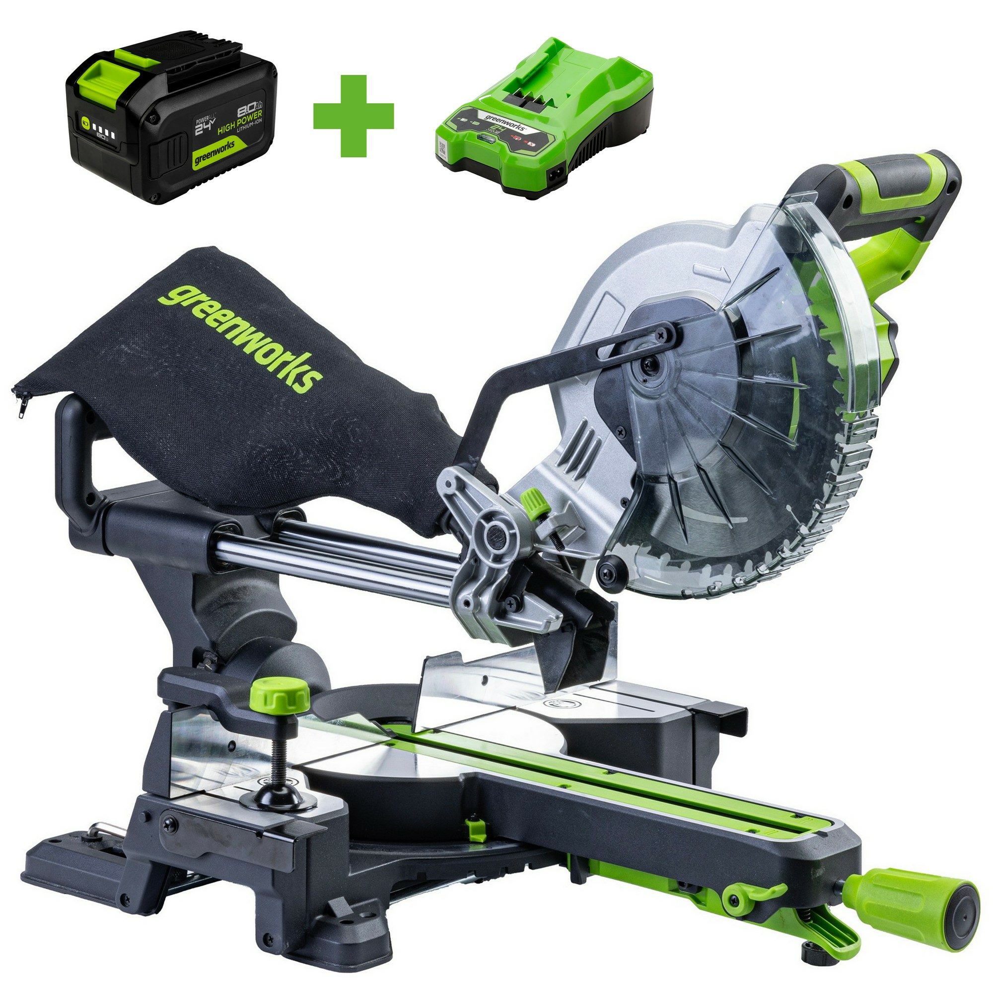 Пила торцовочная Greenworks GD24MS216 24V бесщеточная с протяжкой 1хАКБ 8Ач и ЗУ (Китай)