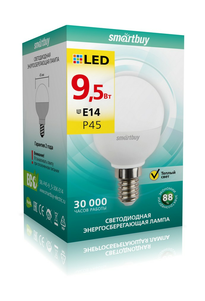 Лампа светодиодная (LED) Smartbuy-P45-9.5W/3000/E14 (Китай)