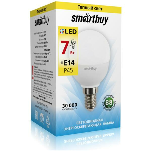 Лампа светодиодная (LED) Smartbuy-P45-07W/3000/E14 (Китай)