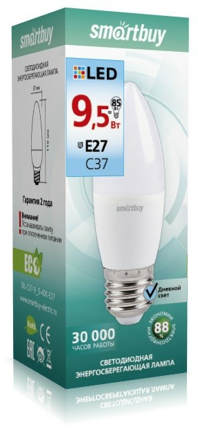 Лампа светодиодная (LED) Smartbuy-C37-9,5W/4000/E27 (Китай)