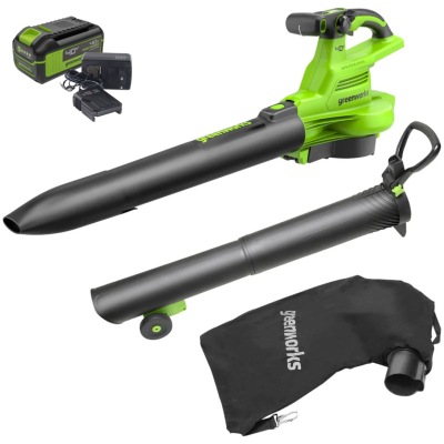 Воздуходув-пылесос садовый аккумуляторный Greenworks 40V GD40BVIIK4 2406907UB c 1хАКБ 4Ач и ЗУ (Китай)