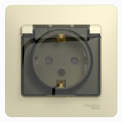 Розетка Glossa с заземлением со шторками с крышкой IP44 (бежевый) (Латвия)