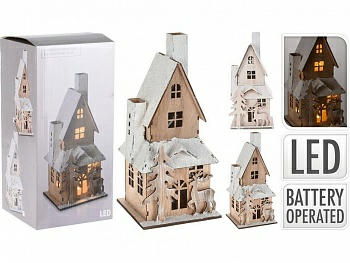 Украшение новогоднее деревянное светящееся Домик 9*9*20,5 см (Китай)