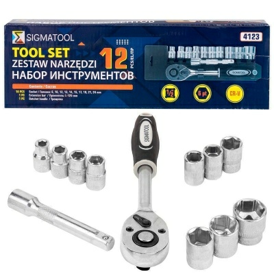 Набор головок с трещоткой и удлинителем в пластиковом держателе 12 предметов 1/2''(6гр) 8,10,12-15,17,19,21,24мм (Китай)