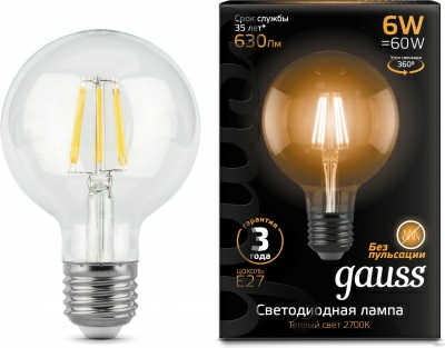 Лампа Gauss LED Filament G95 6W E27 2700K (Китай)