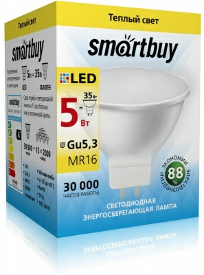 Лампа светодиодная (LED) Smartbuy-Gu5,3-05W/3000 (Китай)