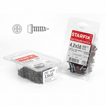 Саморез 3.5х9.5 мм для листового металла, фосфат, острый (250шт) STARFIX (Китай)