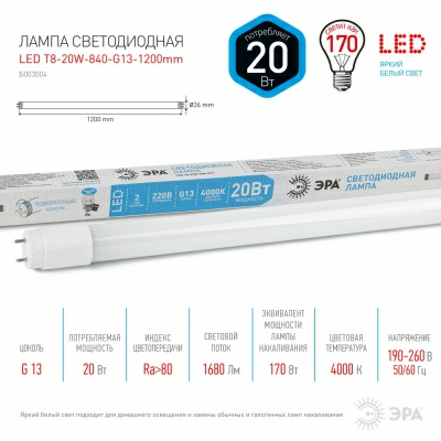 Лампа светодиодная LED T8 20W 840 G13 1200мм ЭРА (Китай)