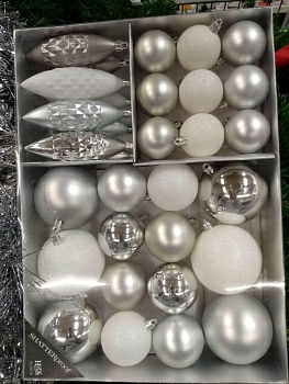 Набор украшений елочных пластмассовых 31 предмета, шары 5,6,8 см, сосульки 12 см (Китай)