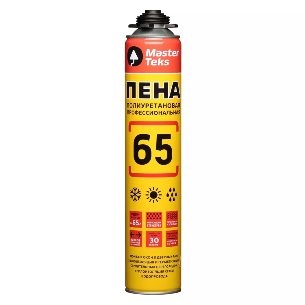Пена монтажная MasterTeks 65 полиуретановая профессиональная, всесезонная 825 мл (Россия)
