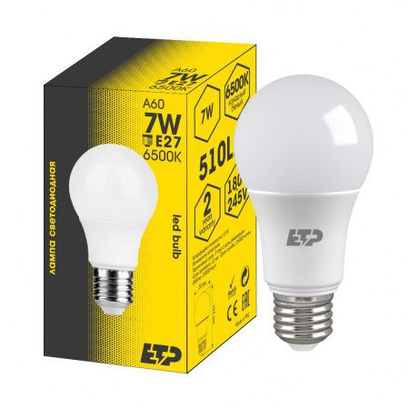Лампа светодиодная A60 7W 6500K E27 ETP (Китай)