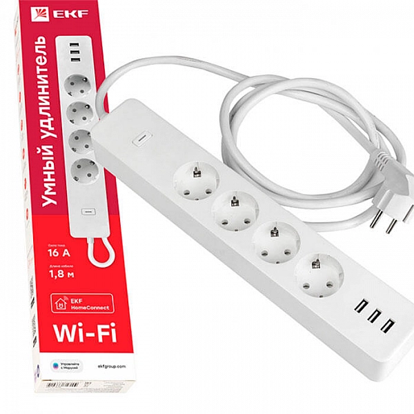 Умный удлинитель EKF Connect 1.8 м 4 гн с/з + USB*4 Wi-Fi (Китай)