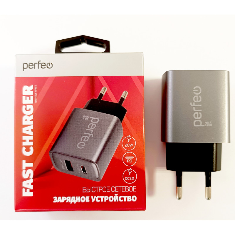 Сетевое зарядное устройство PERFEO с двумя разъемами USB-A+TYPE-C 20W (Китай)
