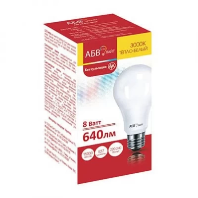 Лампа светодиодная LED лайт A60 8W E27 3000К АБВ (Китай)