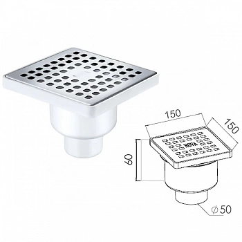Сливной трап вертикальный D 50 с сухим затвором с рамкой решетка нержавейка