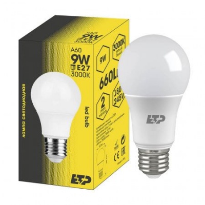 Лампа светодиодная A60 9W 3000K E27 ETP (Китай)