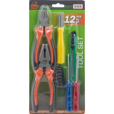 Набор инструментов в блистере 12 предметов биты: PH1,2,3,SL4,5,6мм; отвертка-битодержатель 120мм;отвертки:PH0х65мм,SL3х65мм, нож, плоскогубцы 165мм, бокорезы 150мм (Китай)