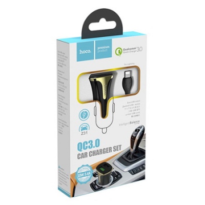 Автомобильное зарядное устройство hoco Z31 двойной порт с кабелем Lightning 3.4А (Китай)