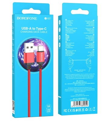 Кабель BX87 Type-C-USB 2,4А красный 1м  BOROFONE (Россия)