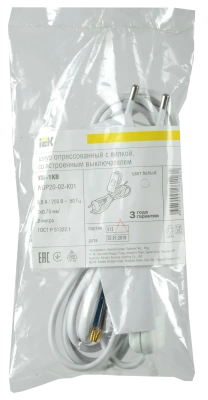 Шнур УШ-1КВ опрессованный с вилкой со встроенным выключателем 2х0,75/2м белый IEK (Россия)
